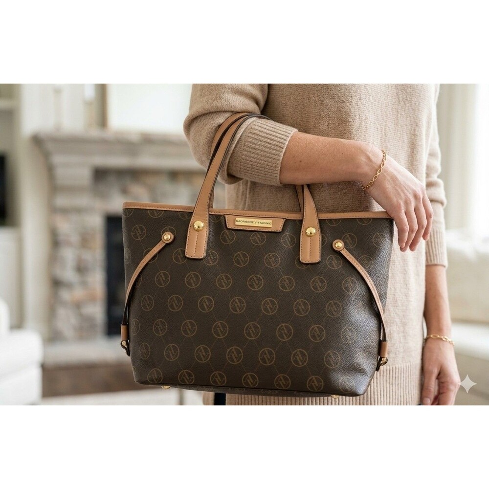 Classic Adrienne Vittadini Tote Bag AV Monogram Gold Tone Hardware Tan Trim